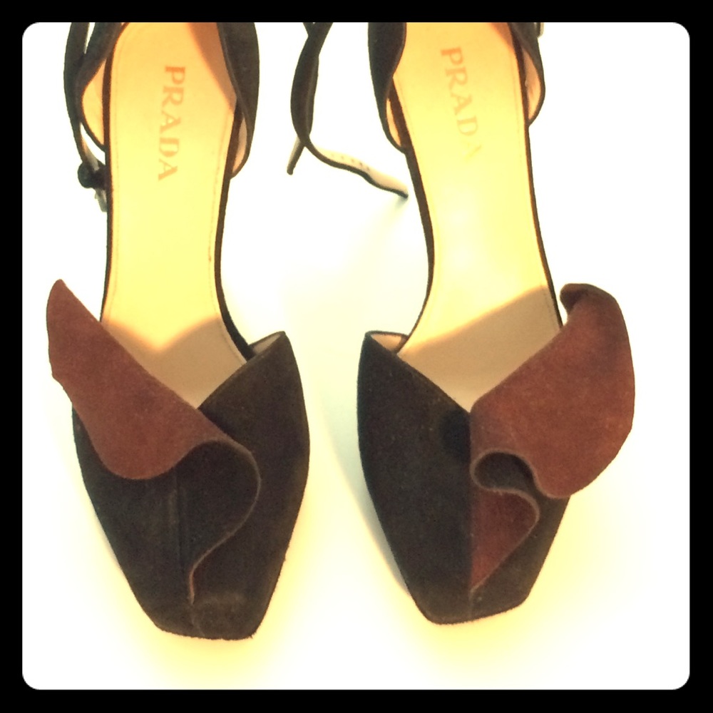 Prada Black and Brown Suede heels ankle strap New